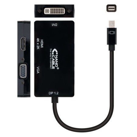 Nanocable Conversor Mini DisplayPort a VGA / HDMI, 3 en 1, DP 1.2/M-VGA/H-HDMI/H 4K, Negro, 15 cm