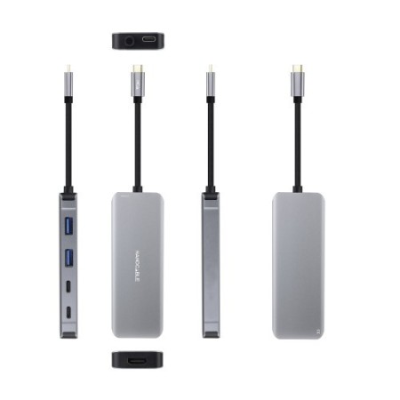 Nanocable HUB USB-C 6 en 1, Conversor USB-C 3.2 GEN1 5G a 2 x USB-A + 2 x USB-C + HDMI + USB-C PD 100W, Aluminio, 15 cm, Gris