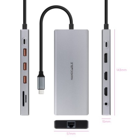 Nanocable Hub USB-C 12 en 1, Conversor USB-C 3.1 a 3xUSB-A 3.2 + USB-C 3.2 + USB-C PD + 2xHDMI 4K@60Hz + DP 4K@60Hz + RJ45 1Gbps