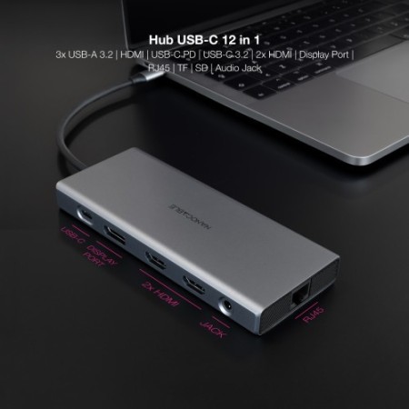Nanocable Hub USB-C 12 en 1, Conversor USB-C 3.1 a 3xUSB-A 3.2 + USB-C 3.2 + USB-C PD + 2xHDMI 4K@60Hz + DP 4K@60Hz + RJ45 1Gbps