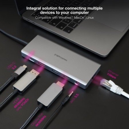 Nanocable Hub USB-C 12 en 1, Conversor USB-C 3.1 a 3xUSB-A 3.2 + USB-C 3.2 + USB-C PD + 2xHDMI 4K@60Hz + DP 4K@60Hz + RJ45 1Gbps