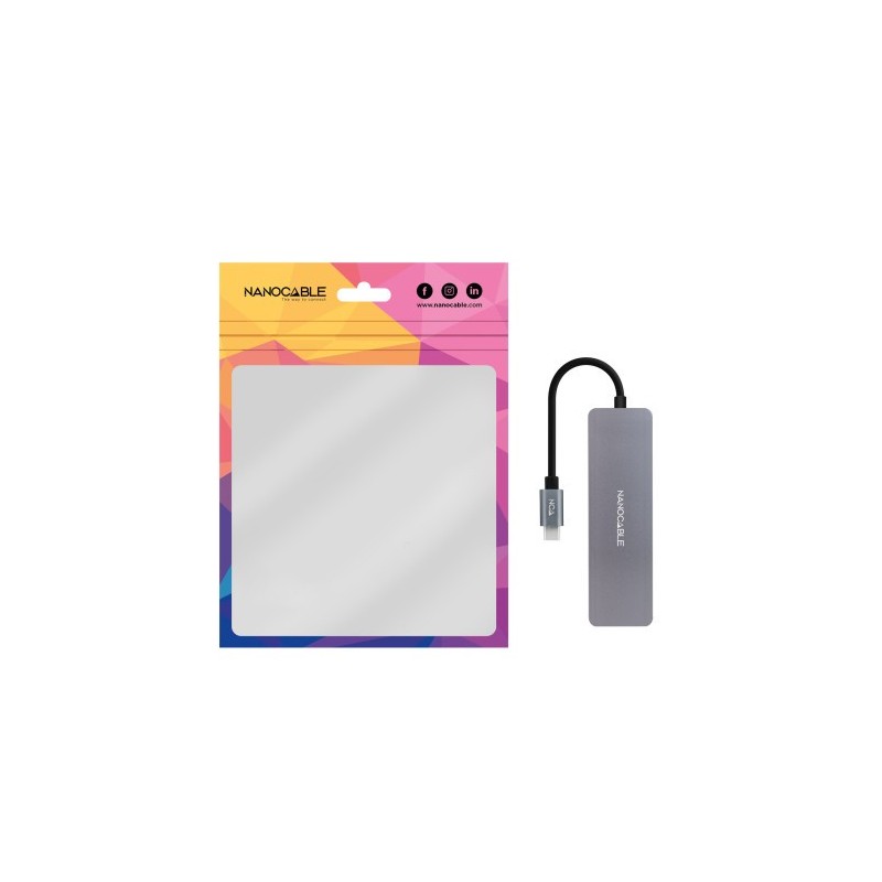 Nanocable Hub USB-C a 3xUSB3.0/H + 1xUSB-C/H Aluminio 10 cm, Gris