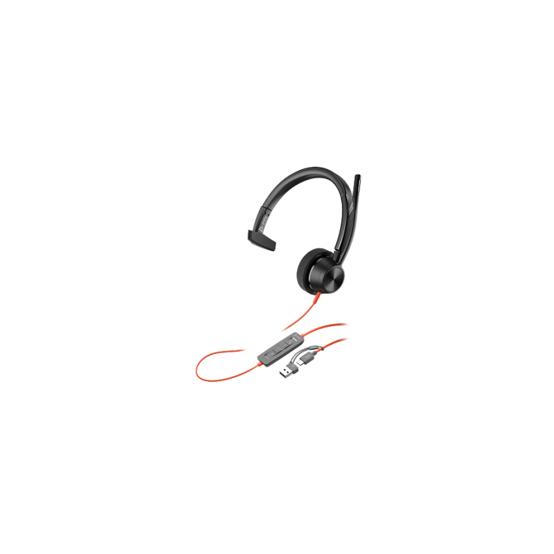 HP Poly Auriculares monoaurales Poly Blackwire 3315 con certificación Microsoft Teams USB-C + Conector de 3,5 mm + Adaptador USB