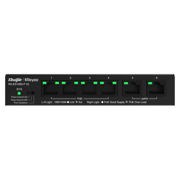 Ruijie Networks RG-ES106D-P V2 switch No administrado Fast Ethernet (10/100) Energía sobre Ethernet (PoE) Negro
