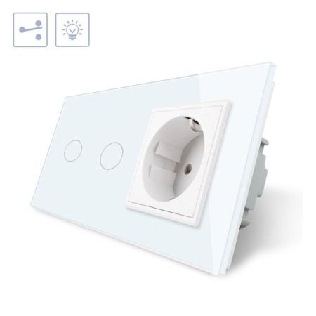 Conmutador táctil, 2 botones + 1 enchufe, frontal blanco LIVOLO