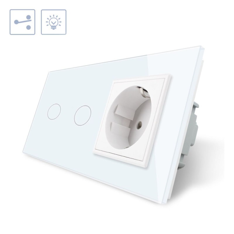 Conmutador táctil, 2 botones + 1 enchufe, frontal blanco LIVOLO