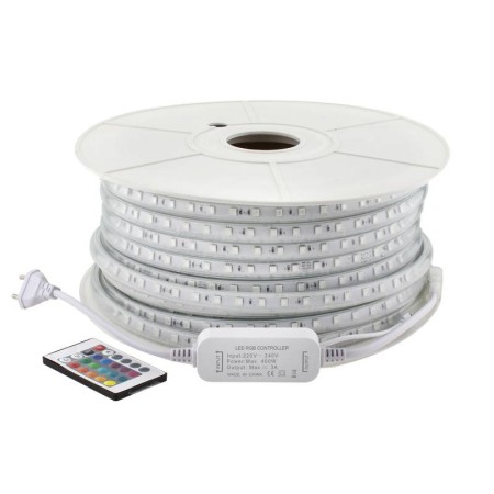 Tira LED 220V SMD5050 60Led/m, 8W/m, RGB, carrete 50 metros + controlador + mando