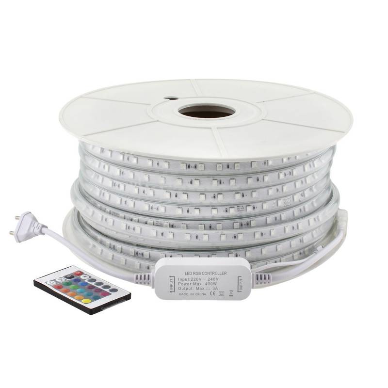 Tira LED 220V SMD5050 60Led/m, 8W/m, RGB, carrete 50 metros + controlador + mando