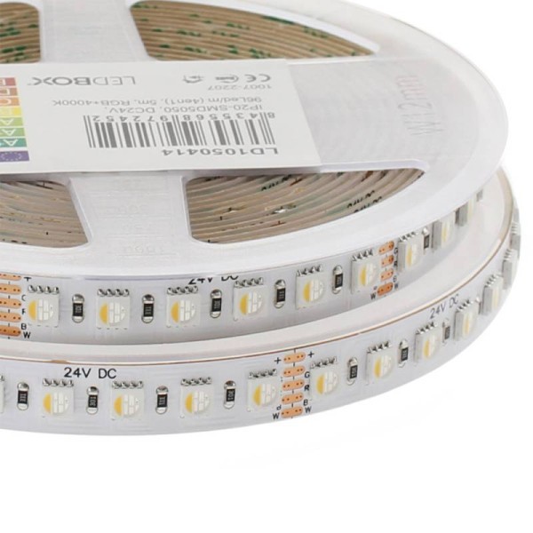 Tira LED SMD5050, RGB+W, DC24V, 5m (96Led/m 4 en 1), 115W, IP20, 3oZ