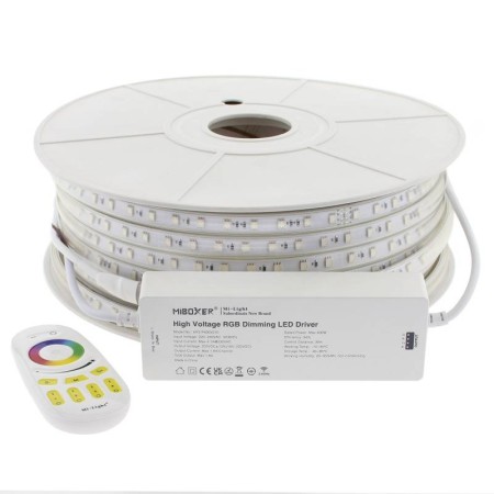 Tira LED 220V SMD5050, 60Led/m, 8W/m, RGB, carrete 50 metros + controlador MiBoxer + mando