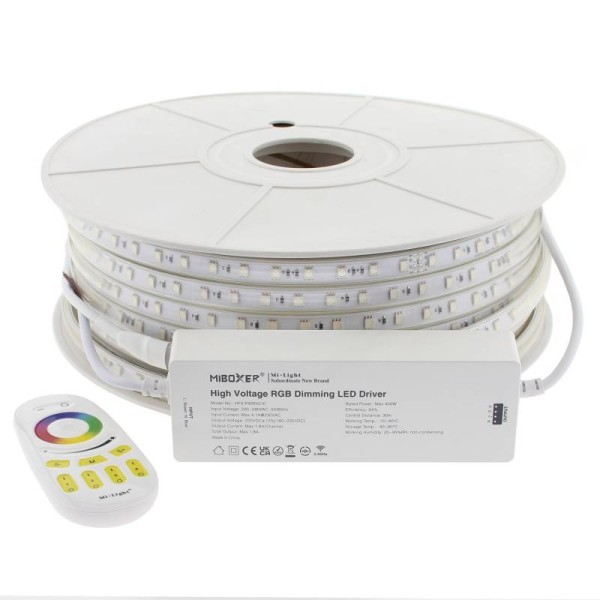 Tira LED 220V SMD5050, 60Led/m, 8W/m, RGB, carrete 50 metros + controlador MiBoxer + mando