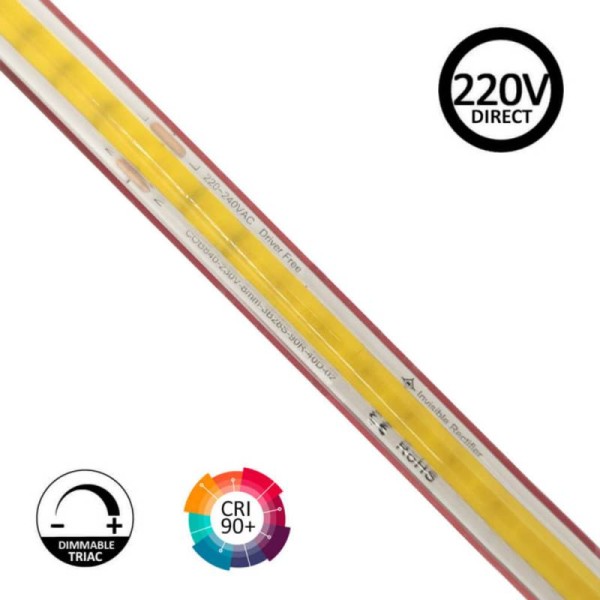Tira LED 220V COB, 560Led/m, 16W/m, 10cm corte, 1 metro. Regulable Triac. Silicona