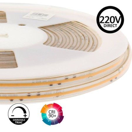 Tira LED 220V COB, 560Led/m, 16W/m, 10cm corte, 10 metros. Regulable Triac. Silicona