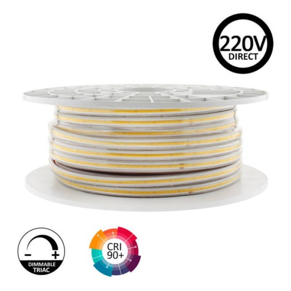 Tira LED 220V COB, 560Led/m, 16W/m, 10cm corte, 50 metros. Regulable Triac. Silicona