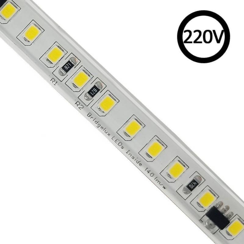 Tira LED 220V Bridgelux SMD2835, 140Led/m, 20W/m, 2800lm/m, Triac regulable, corte 10cm, 1 metro. Silicona