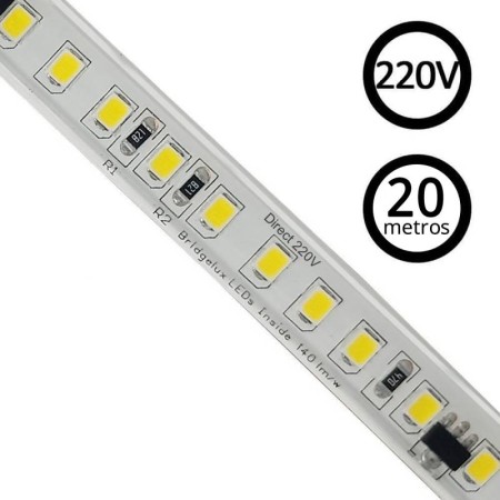 Tira LED 220V Bridgelux SMD2835, 140Led/m, 20W/m, 2800lm/m, Triac regulable, corte 10cm, carrete 20 metros. Silicona