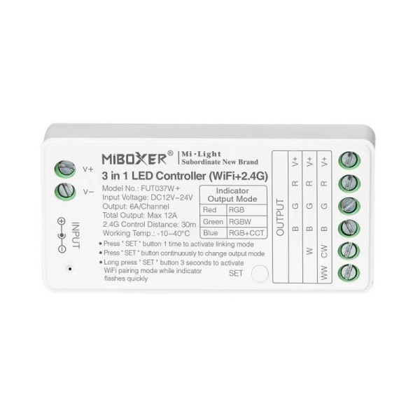 Controlador WiFi + 2.4G RF + Bluetooth, DC12-24V, 12A, 3 en 1, RGB+RGBW+RGBCCT