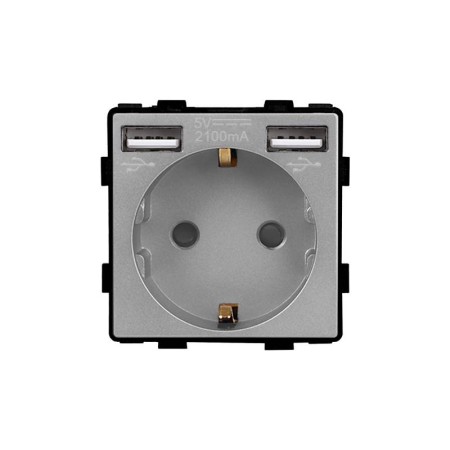 Base Enchufe EU tipo SCHUKO 16A + cargador rápido USB A+A KOOB, gris