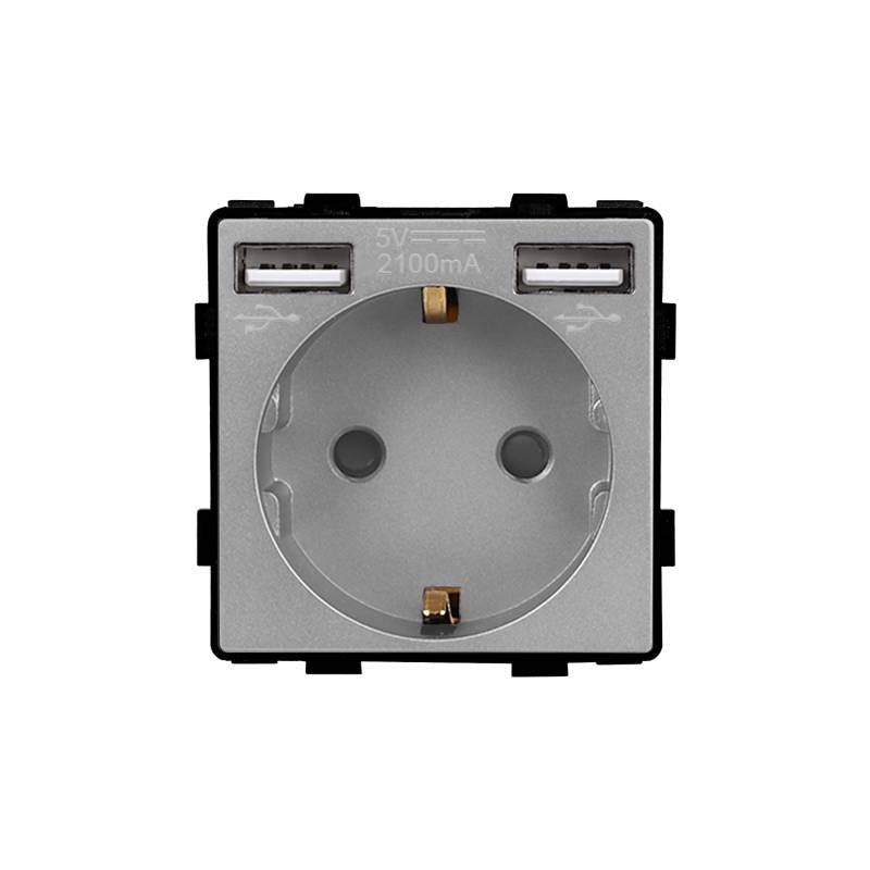 Base Enchufe EU tipo SCHUKO 16A + cargador rápido USB A+A KOOB, gris
