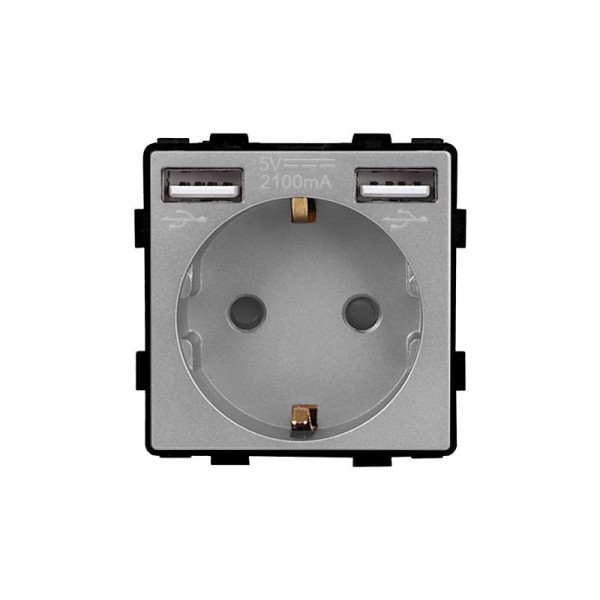 Base Enchufe EU tipo SCHUKO 16A + cargador rápido USB A+A KOOB, gris