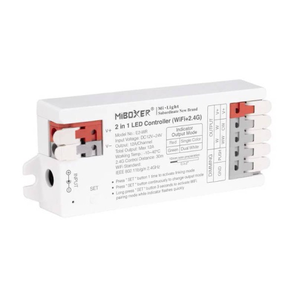 Controlador E2 - WiFi + 2.4G RF + Bluetooth, DC12-24V, 12A, 2 en 1, mono + CCT