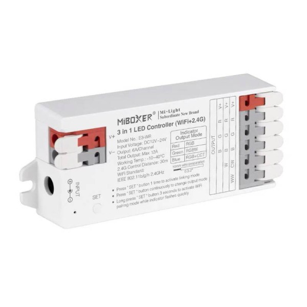 Controlador E3 - WiFi + 2.4G RF + Bluetooth, DC12-24V, 12A, 3 en 1, RGB+RGBW+RGBCCT