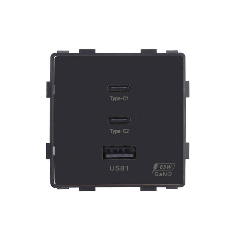 Cargador rápido inteligente 65W, USB tipo A + 2x tipo C KOOB, negro