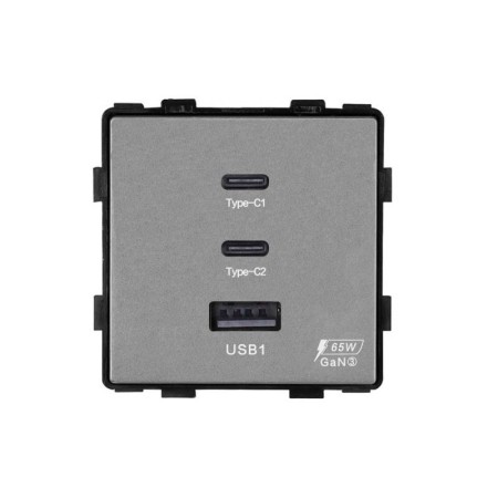 Cargador rápido inteligente 65W, USB tipo A + 2x tipo C KOOB, gris