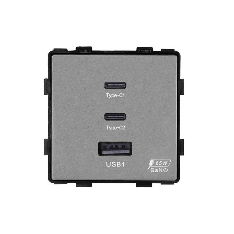 Cargador rápido inteligente 65W, USB tipo A + 2x tipo C KOOB, gris