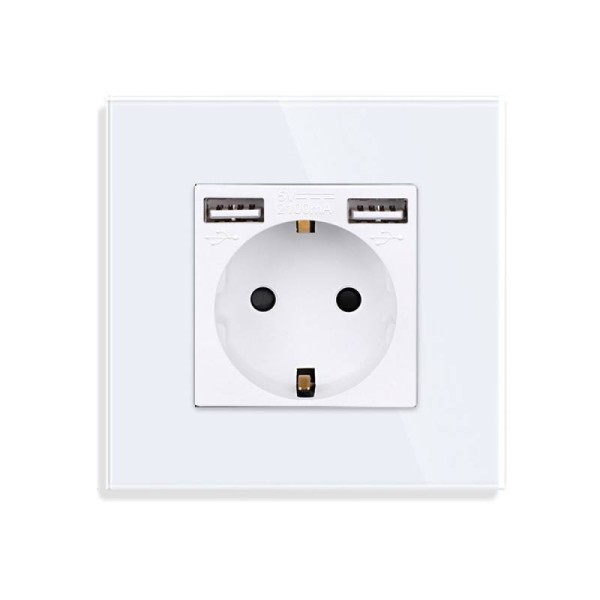 Base enchufe EU 16A + cargador rápido USB A+A, KOOB frontal cristal blanco