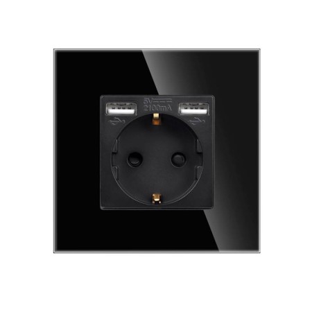 Base enchufe EU 16A + cargador rápido USB A+A, KOOB frontal cristal negro