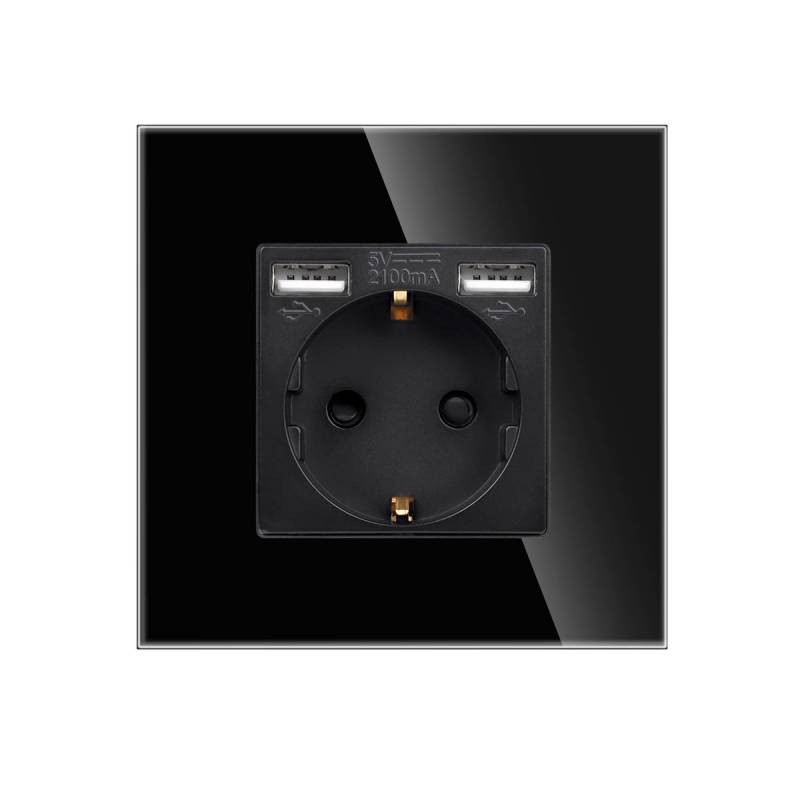 Base enchufe EU 16A + cargador rápido USB A+A, KOOB frontal cristal negro