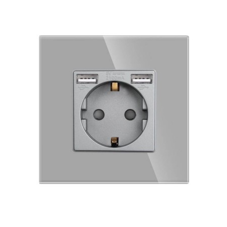 Base enchufe EU 16A + cargador rápido USB A+A, KOOB frontal cristal gris