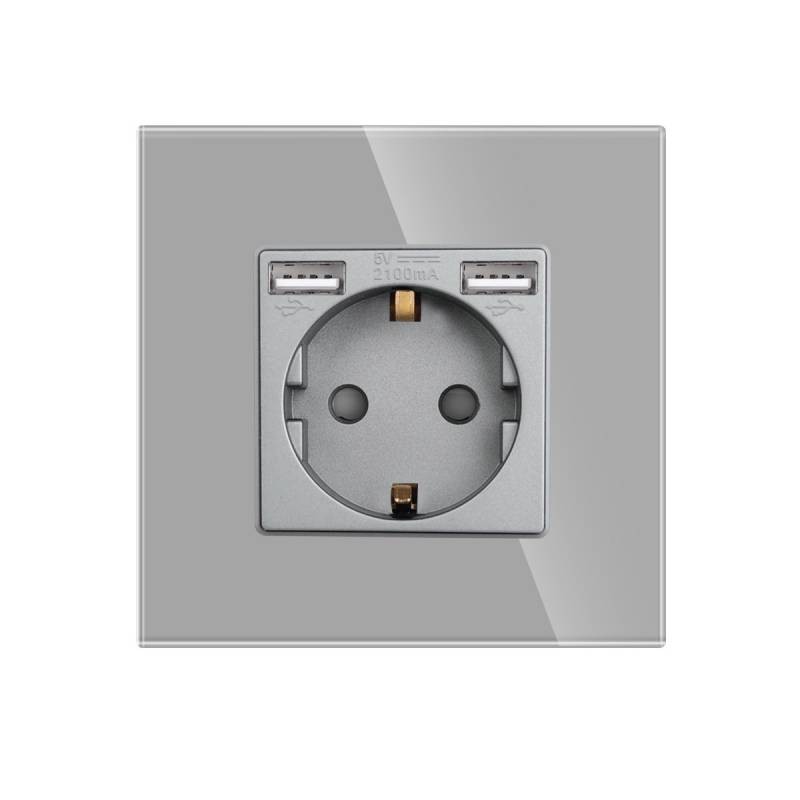 Base enchufe EU 16A + cargador rápido USB A+A, KOOB frontal cristal gris