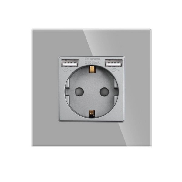 Base enchufe EU 16A + cargador rápido USB A+A, KOOB frontal cristal gris