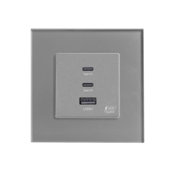 Cargador inteligente 65W, USB tipo A + 2x tipo C, KOOB frontal cristal gris