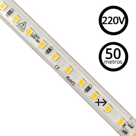 Tira LED 220V SMD2835, 120Led/m, 8W/m, Triac regulable, corte 10cm, carrete 50 metros