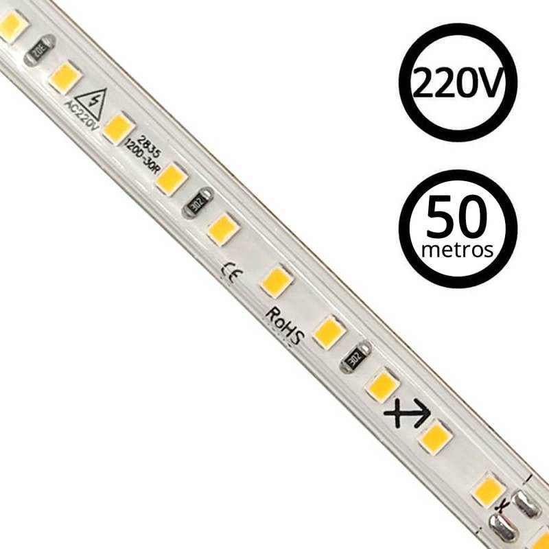 Tira LED 220V SMD2835, 120Led/m, 8W/m, Triac regulable, corte 10cm, carrete 50 metros