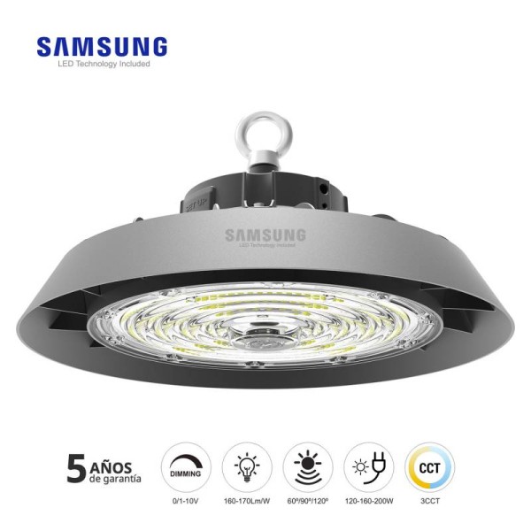 Campana Industrial UFO Slim 200W-160W-120W, Chipled SAMSUNG, 3CCT, 60º/90º/º120º ajustable, 1-10V