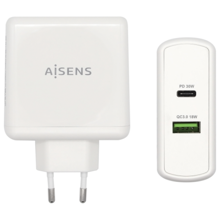 AISENS Cargador 48 W, 1x USB-C PD3.0 30 W, 1x USB-A QC3.0 18 W, Blanco
