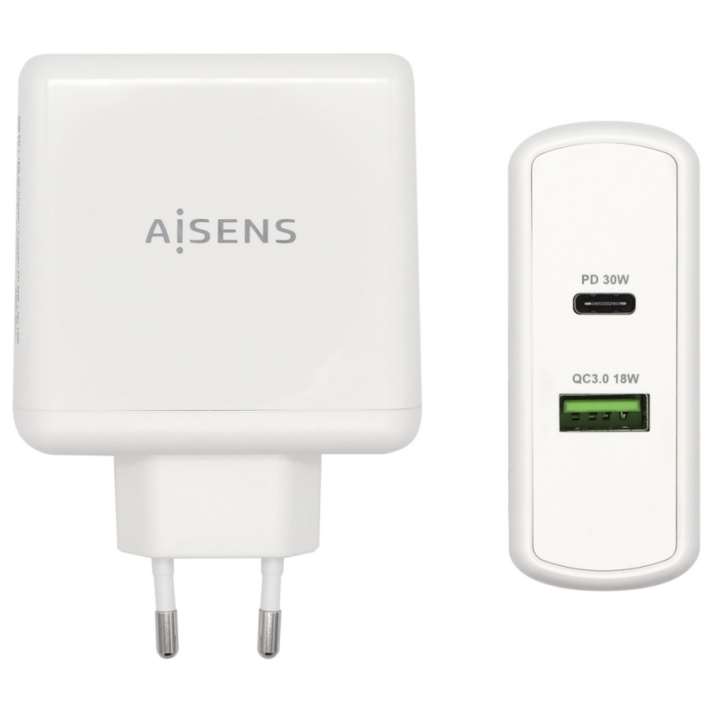AISENS Cargador 48 W, 1x USB-C PD3.0 30 W, 1x USB-A QC3.0 18 W, Blanco
