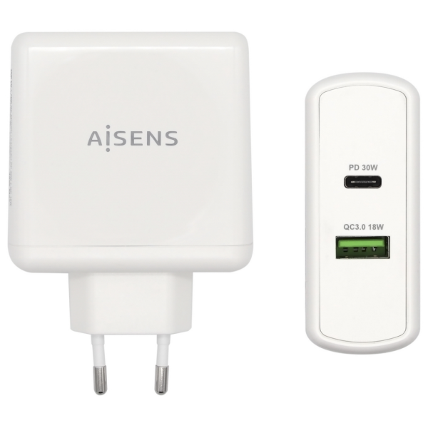 AISENS Cargador 48 W, 1x USB-C PD3.0 30 W, 1x USB-A QC3.0 18 W, Blanco