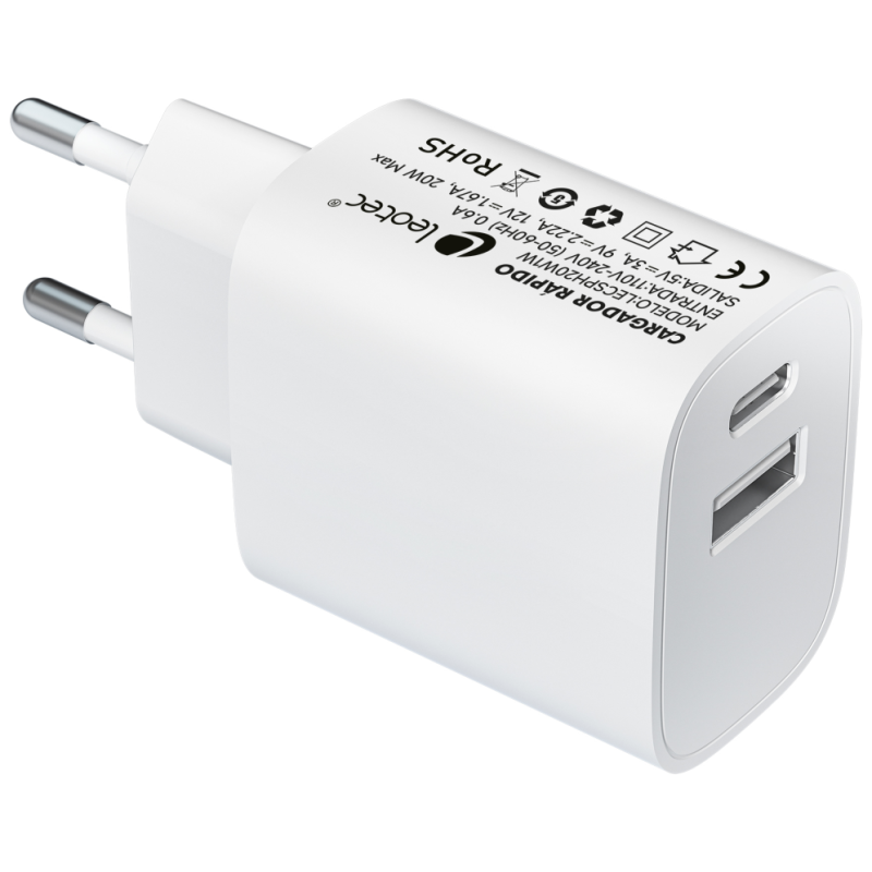 Leotec Cargador 20W 1xUSB-C PD + 1x USB-A Blanco