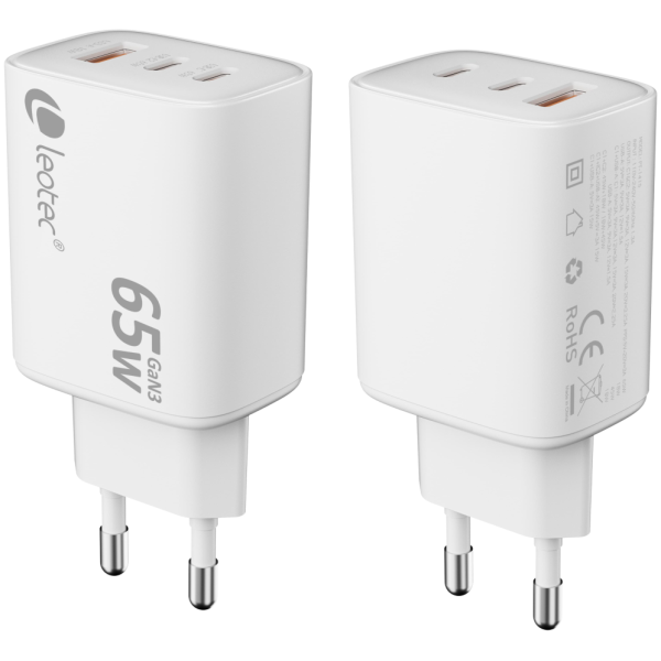 Leotec CARGADOR UNIVERSAL 65W GAN ULTRA SLIM 2 USB C PD+1 USB A BLANCO
