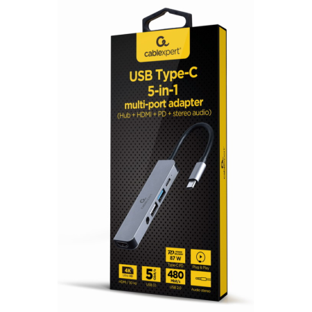 Gembird A-CM-COMBO5-02 base para portátil y replicador de puertos Alámbrico USB 3.2 Gen 1 (3.1 Gen 1) Type-C Plata