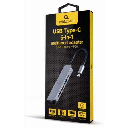 Gembird A-CM-COMBO5-03 base para portátil y replicador de puertos Alámbrico USB 3.2 Gen 1 (3.1 Gen 1) Type-C Plata