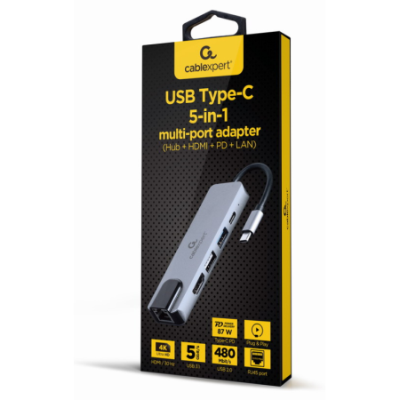 Gembird A-CM-COMBO5-04 base para portátil y replicador de puertos Alámbrico USB 3.2 Gen 1 (3.1 Gen 1) Type-C Plata