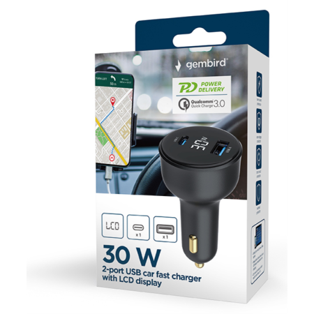Gembird TA-UC-AC2PD30LCD-CAR-01 cargador de dispositivo móvil Universal Negro Encendedor de cigarrillos Carga rápida Auto