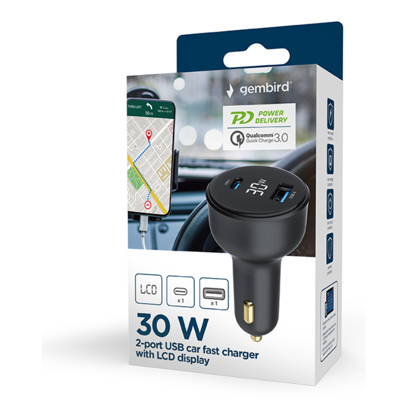 Gembird TA-UC-AC2PD30LCD-CAR-01 cargador de dispositivo móvil Universal Negro Encendedor de cigarrillos Carga rápida Auto