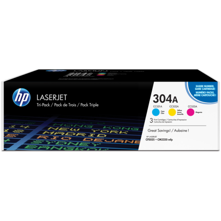 HP Pack de ahorro de 3 cartuchos de tóner original LaserJet 304A cian/magenta/amarillo